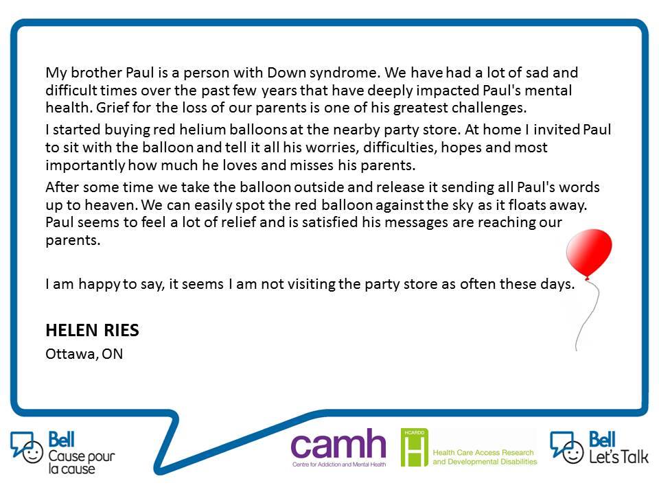 HCARDD's tweet photo. Helen Ries shares her personal experience on how she used red balloons to help her brother grieve the loss of their parents and improve his mental health #BellLetsTalk #Day1 #AzrieliCentre https://t.co/Su7yAcekT2