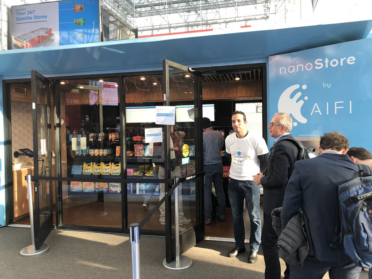 marconielsen's tweet photo. Exciting to see the #AiFi #nanoStore solution at #NRF2019. #AI meets retail with #selfcheckout technology, more accurate than #AmazonGo it appears with instant receipts! #cashierless #grabandgo #everywhere https://t.co/BE2prpFd74