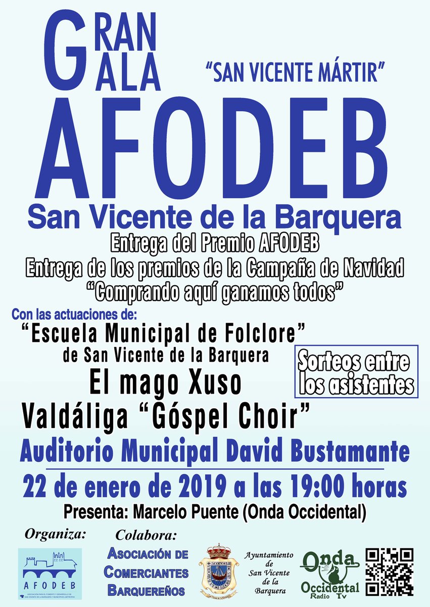 AFODEB's tweet photo. Gala #AFODEB el día 22 de enero a las 19:00 horas en el Auditorio Municipal David Bustamante de #SanVicentedelaBarquera.
https://t.co/kGDgNwspP9
¡Estáis todos invitados a pasar un buen rato! 🤣👨👩👧👦
Entrega de premios, actuaciones y #Sorteos entre todos los asistentes 🔝 https://t.co/SKLUNE138x