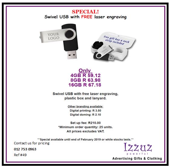 IzzuzPty's tweet image. Welcome 2019! Starting the new year of with a fantastic memory stick special! FREE laser engraving. MOQ 25 units.
Contact us 012 753 0963/ carla@izzuz.co.za
#memorysticks #flashmemory #USB #free #freeengraving #special #promotion #corporategifts #promotionalgifts #branding #Izzuz