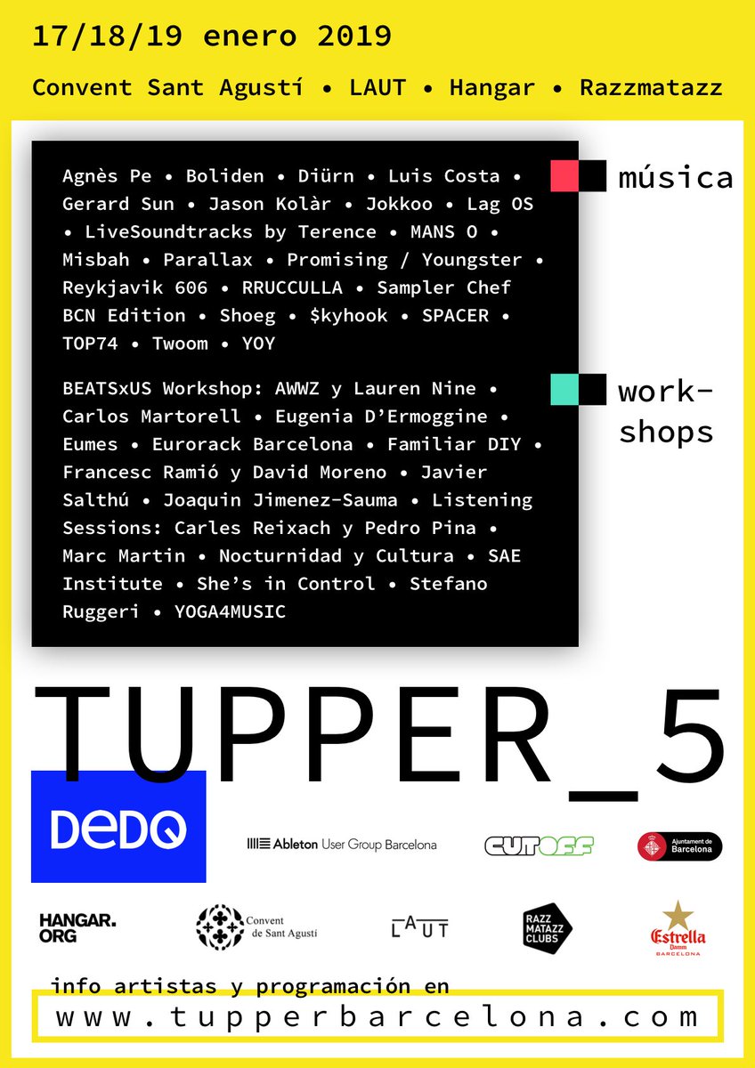 Hangar_org's tweet photo. 🔊Música electrònica, xerrades i workshops a la 5a edició de #Tupper_5 a @RazzmatazzClubs, @ConventAgusti, @LAUTbarcelona, Casal de Joves Can Ricart. I a Hangar el 19 de gener, tot el dia non stop. @DeDOBarcelona 👉https://t.co/Pzctnh3UrS https://t.co/byAaGhNkL4