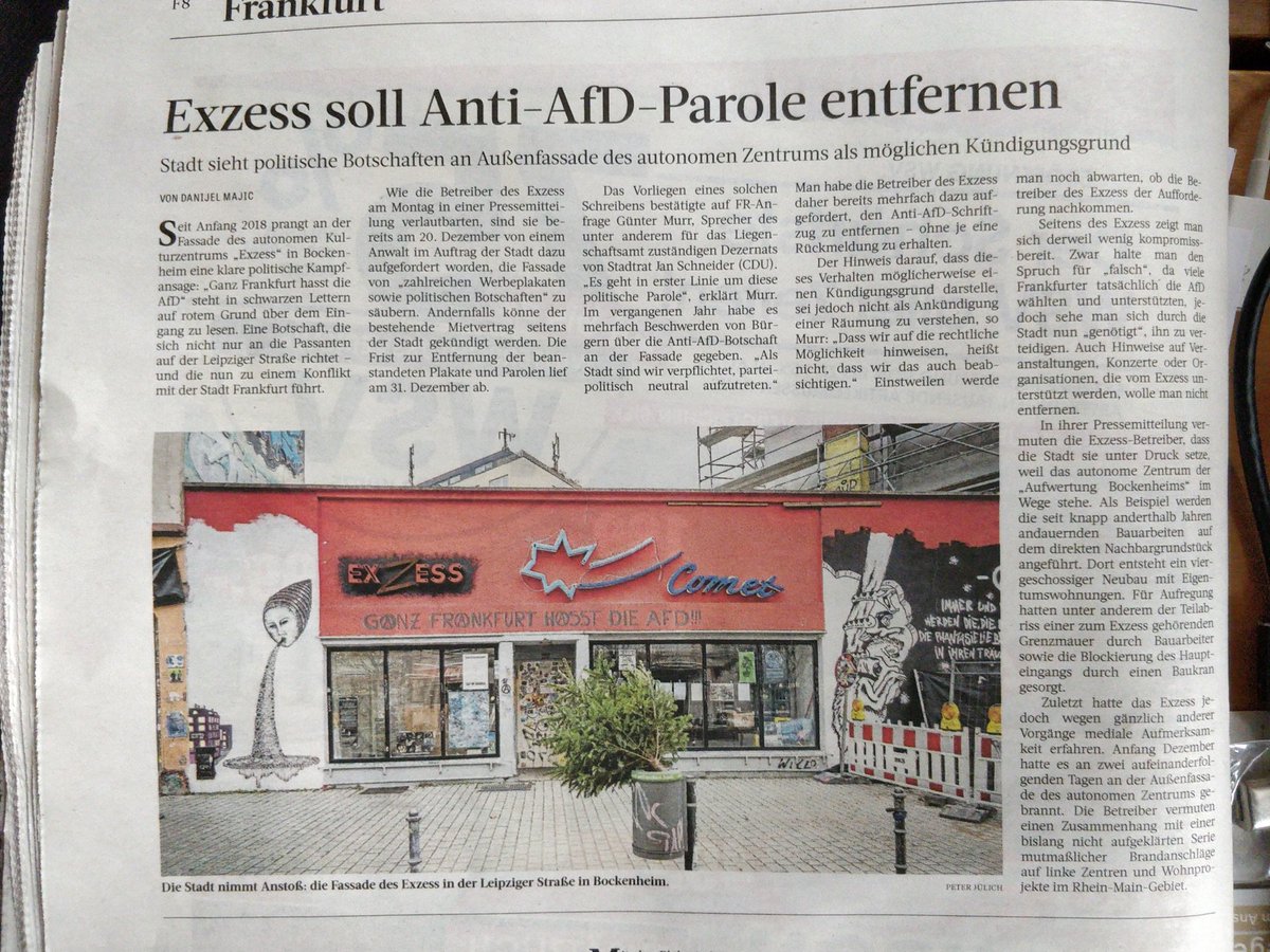 Linksnavi's tweet photo. Stadt #Frankfurt macht sich stark für die AFD - #CafeExZess soll die Parole „Ganz Frankfurt hasst due AFD“ von der Fassade entfernen, sonst Kündigung. #NoAFD. 
https://t.co/H2U1jorMbc
https://t.co/sBpI9Mrt0U https://t.co/Jwucokj8LP