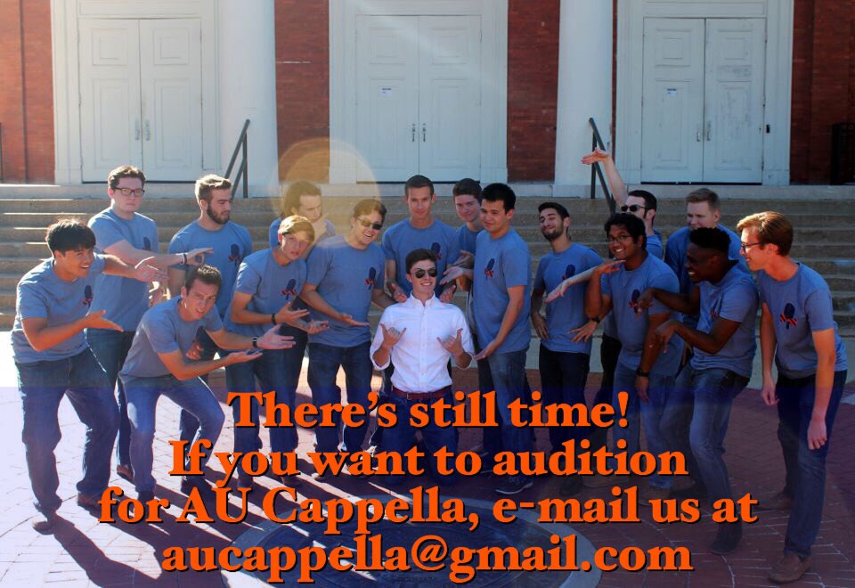 FullAuctave's tweet photo. Scheduled auditions are over, but that doesn’t mean you can’t make an appointment for another opportunity to be a part of AU Cappella. Email us at aucappella@gmail.com to schedule an audition! https://t.co/CqSRSXdcVW