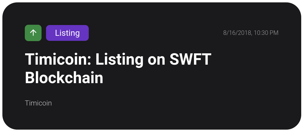 cointop_io's tweet photo. Timicoin: Listing on SWFT Blockchain
https://t.co/bRUiwL1NOv
Tags: #bullish #listing
#Timicoin https://t.co/YAWmMRqIBH