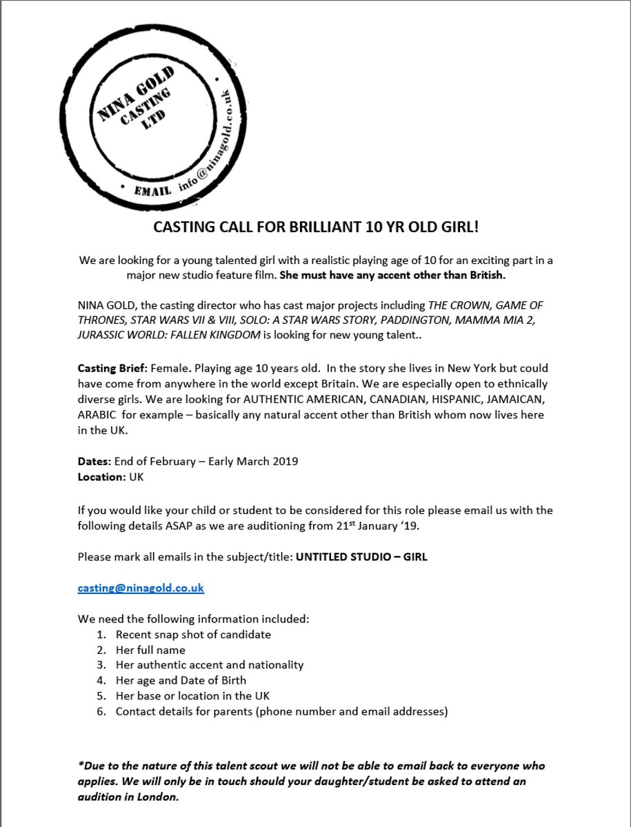 Kateboneathon's tweet image. CASTING CALL! know any international 10yr old girls who can act?!! Please help spread the word.. Notice attached...