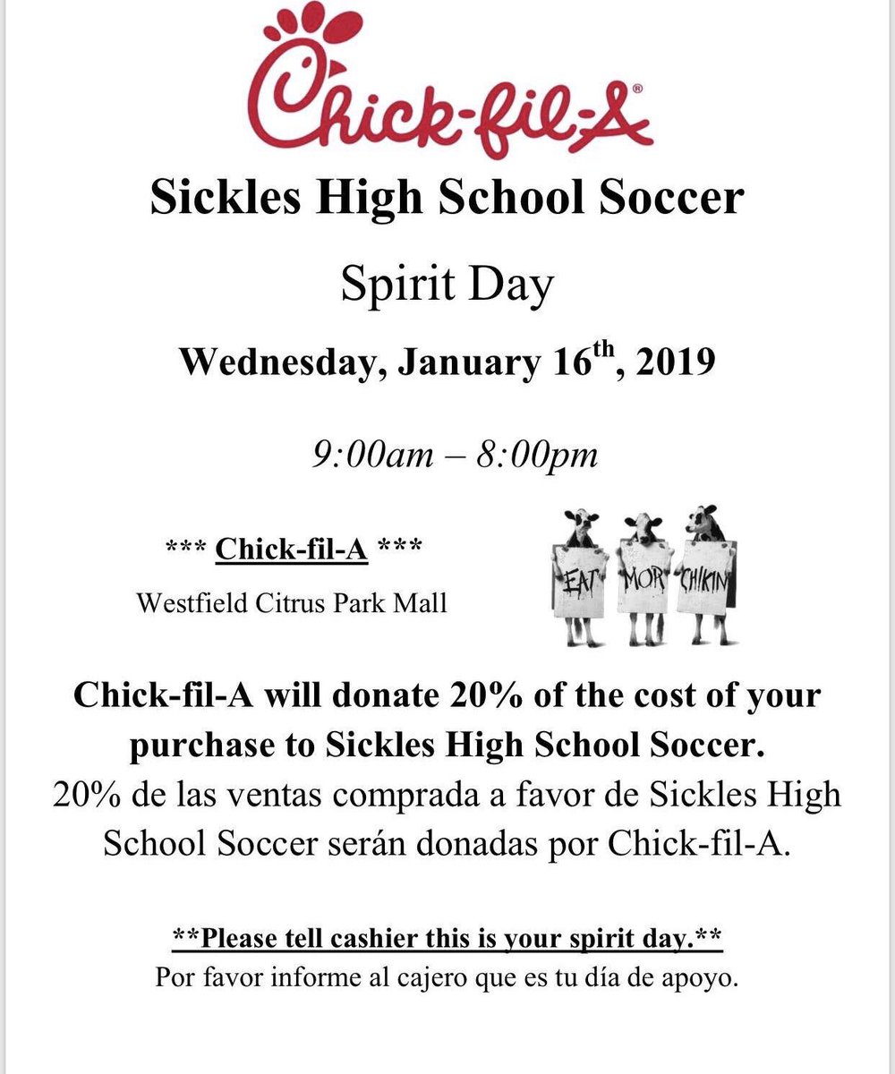 Sicklesspirit's tweet photo. Let’s thank the soccer teams for the wins last night by heading on out to the Citrus Park Chick-Fil-A tonight! Make sure you say you are there for Sickles! https://t.co/FYbfuSvNfC