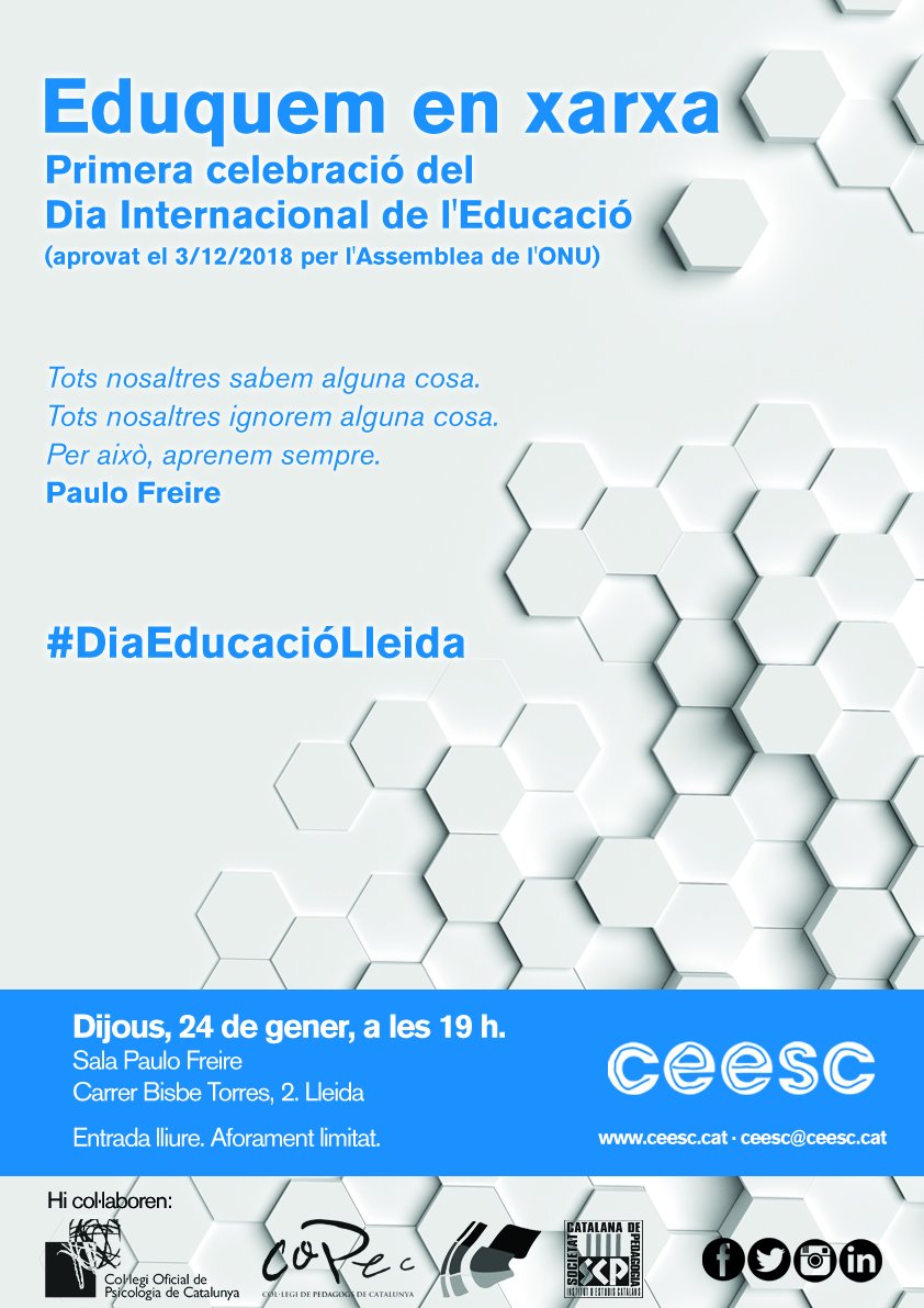 FontTarres's tweet photo. "Tots nosaltres sabem alguna cosa. Tots nosaltres ignorem alguna cosa. Per això, aprenem sempre" 
Aquest 24 de gener a Lleida estrenarem el nou Dia Internacional de l'Educació, aprovat per l'ONU. 
https://t.co/RlIwJx7n8Y https://t.co/JBc70qoALT