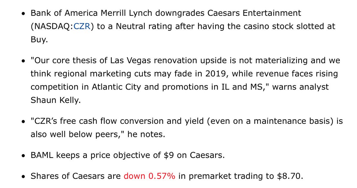 Something to ponder about #CZR via @SeekingAlpha especially bullet-point #2
“Our core thesis of Las Vegas renovation upside is not materializing and we think regional marketing cuts may fade in 2019, while revenue faces rising competition in Atlantic City and promotions in IL..."