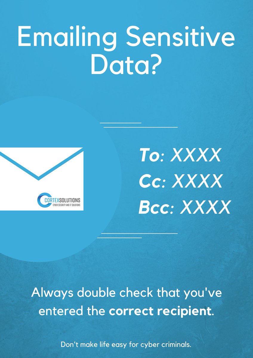 cortexsol's tweet photo. #MidweekTip
Check all email recipient before hitting the send button🤓
Don't make it easy for cyber criminals.
#cortexsolutions #cybersecurity #endpointprotection https://t.co/qKMfoJsMUr