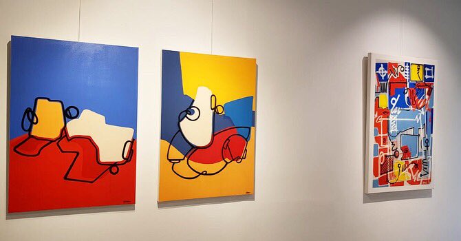 Three new works by Ghazi Baker on display at the gallery as part of our collective show. Make sure you pass by to see the new colorful trio