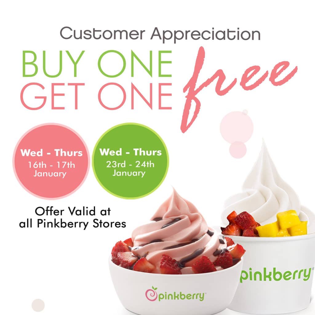 labbymedia's tweet photo. Can't get enough of PINKBERRY Froyo? Then this is for you. Starting from TOMORROW, 17th, 23rd and 24th of JANUARY enjoy our BUY ONE GET ONE FREE PROMO happening at All PINKBERRY Locations Nationwide.💃💃💃
#BOGO #Pinkberryng #Pinkberry #Froyo
#PinkberryBogof https://t.co/F62jSEvLKu