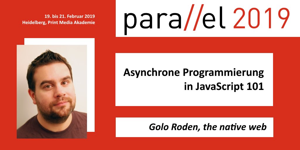 parallelConf's tweet image. Callbacks, Events oder Promises? @goloroden bietet eine Entscheidungshilfe bei der Wahl des passenden asynchronen Programmiermodells.
Mehr Infos: bit.ly/2FC5oWz
Dabei sein: bit.ly/2Po4DSb