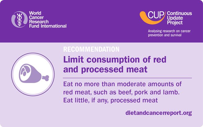 wcrfint's tweet photo. One of our #CancerPrevention Recommendations is to eat no more than moderate amounts of red meat (such as beef, pork and lamb) and eat little, if any, processed meat. There is strong evidence that consumption of either red or processed meat are both causes of #colorectalcancer https://t.co/DwLwtzgtia