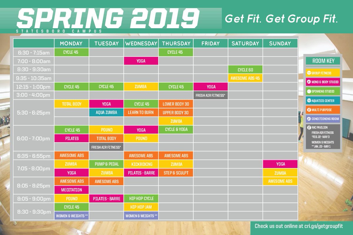 GSUCampusRec's tweet photo. [STATESBORO] Hey Gang! We have a REVISED Group Fit Schedule. We had to move some classes around yesterday due to changes in schedules, and we apologize for any inconvenience. Update your screenshot! #LiveYourBestLife #GetGroupFit https://t.co/m86HbbD2hx