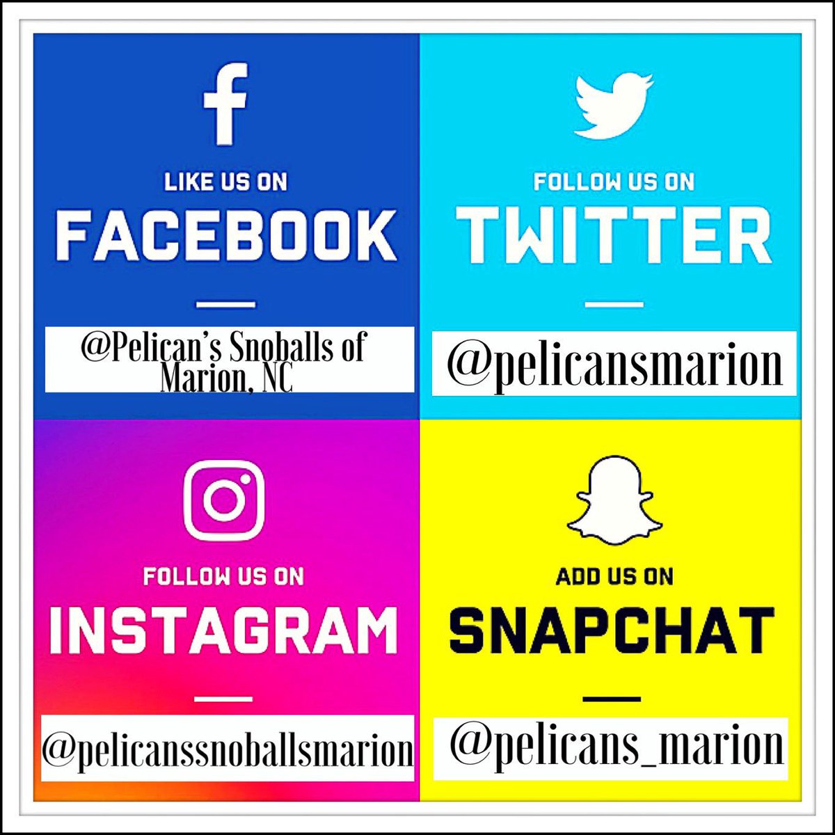 Like us, Follow us, Add us today!!!! We are getting revved up for the 2019 season, and are looking to expand our social media to stay more connected to our customers!! #pelicanssnoballs #pelicansofmarion #socialmedia #marionnc #snoballs #neworleansstyleshavedice