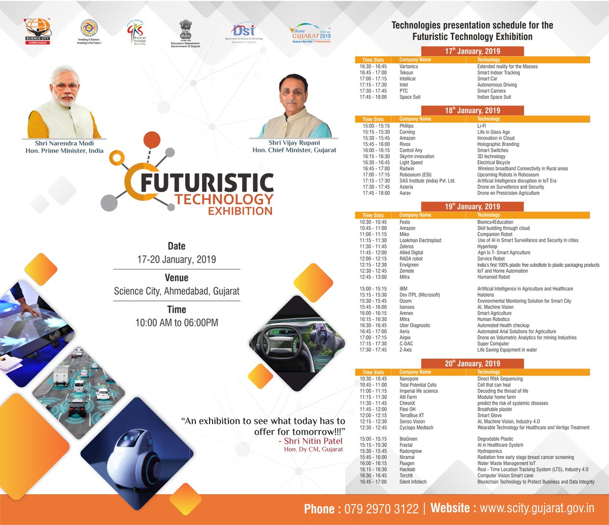 Technologies presentation schedule for the Futuristic Technology Exhibition at @gcscahmedabad

#Technology #Innovation #Science #VG2019 #STEM #Entrepreneurship #FuturisticTechnology #Startup #India #Gujarat #Ahmedabad #2k19 #ShapingANewIndia #MicrosoftHoloLens #HoloLens