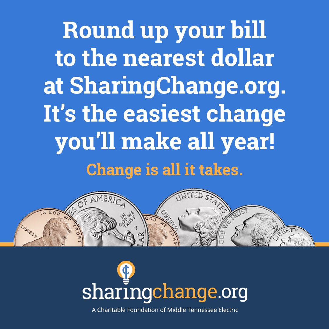 MidTnElectric's tweet photo. Make charitable giving one of your resolutions in 2019, we make it easy! Visit https://t.co/7GhbdP4j8g and register to round your bill up to the nearest dollar. 100% of the donations go to local charities and organizations.  💵 #SharingChange https://t.co/7jOpxsTjyL
