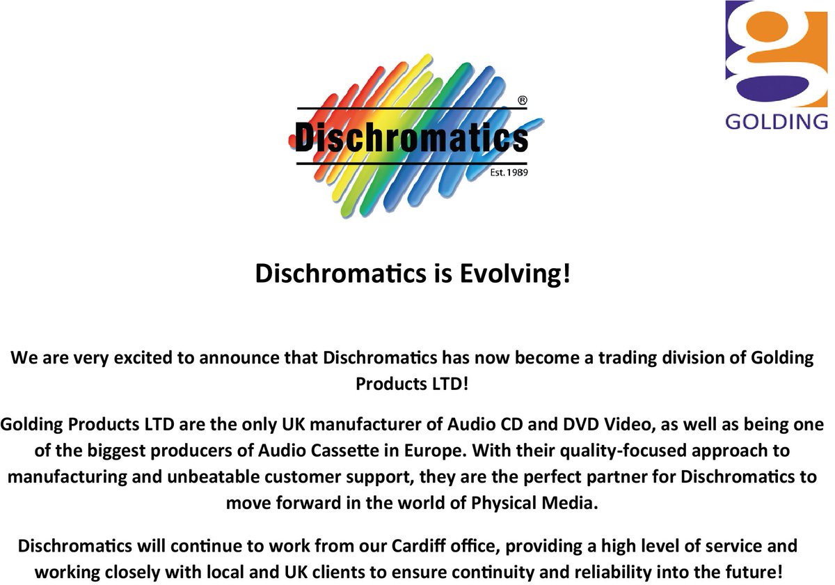 Dischromatics's tweet photo. Already 2 years since we became a division of Golding Products LTD!

Working with the only UK manufacturer of Audio CD and DVD Video has allowed us to offer more products than ever before and we are looking forward to a fabulous 2019!!

#CD 💿 #DVD 📀 #AudioCassette #MUSIC #WALES https://t.co/vO6lgEaGiH