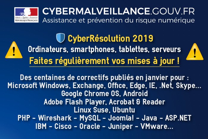 cybervictimes's tweet image. 🛡️#2019CyberRésolutions - 3/3 : Cette nouvelle année 🎉, faites régulièrement les mises à jour de tous vos équipements  🖥️📱📞 !

⚠️ Risques : #Piratage, #vol de compte ou de données, #Cyberattaque...

#Cybersécurité #update #MisesÀJour

+ infos @CERT_FR : cert.ssi.gouv.fr/avis/