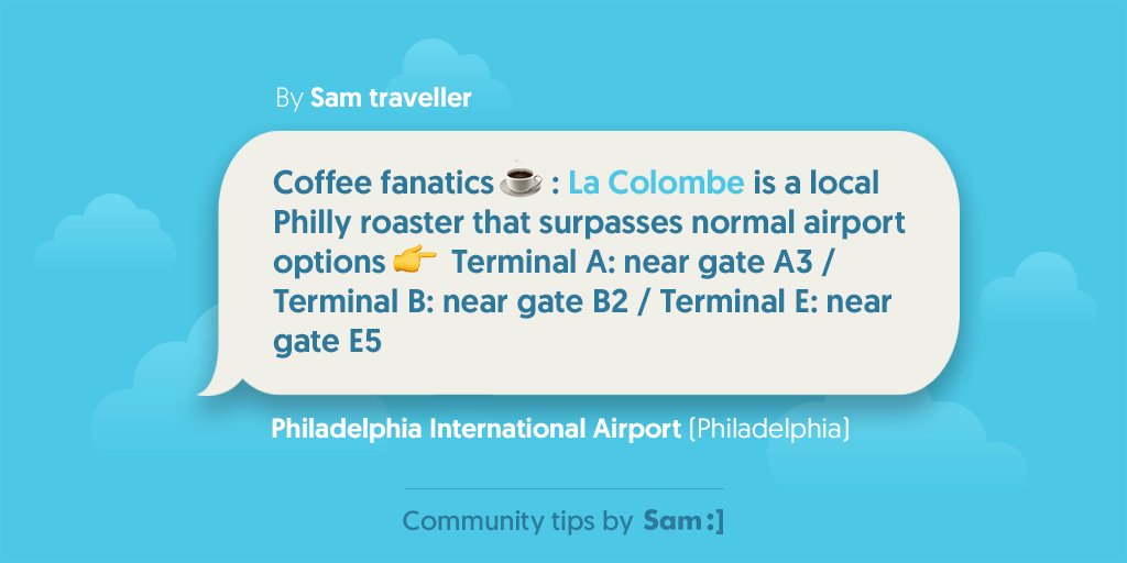 meetsamio's tweet photo. We are always on the lookout for good #coffee when on the go ☕   If you are in Philadelphia's Airport, one of our travelers recommends La Colombe 👌 #PHL PS: Remember you can now upvote your favorite tips! 🔝 https://t.co/NCUdXyIZl1