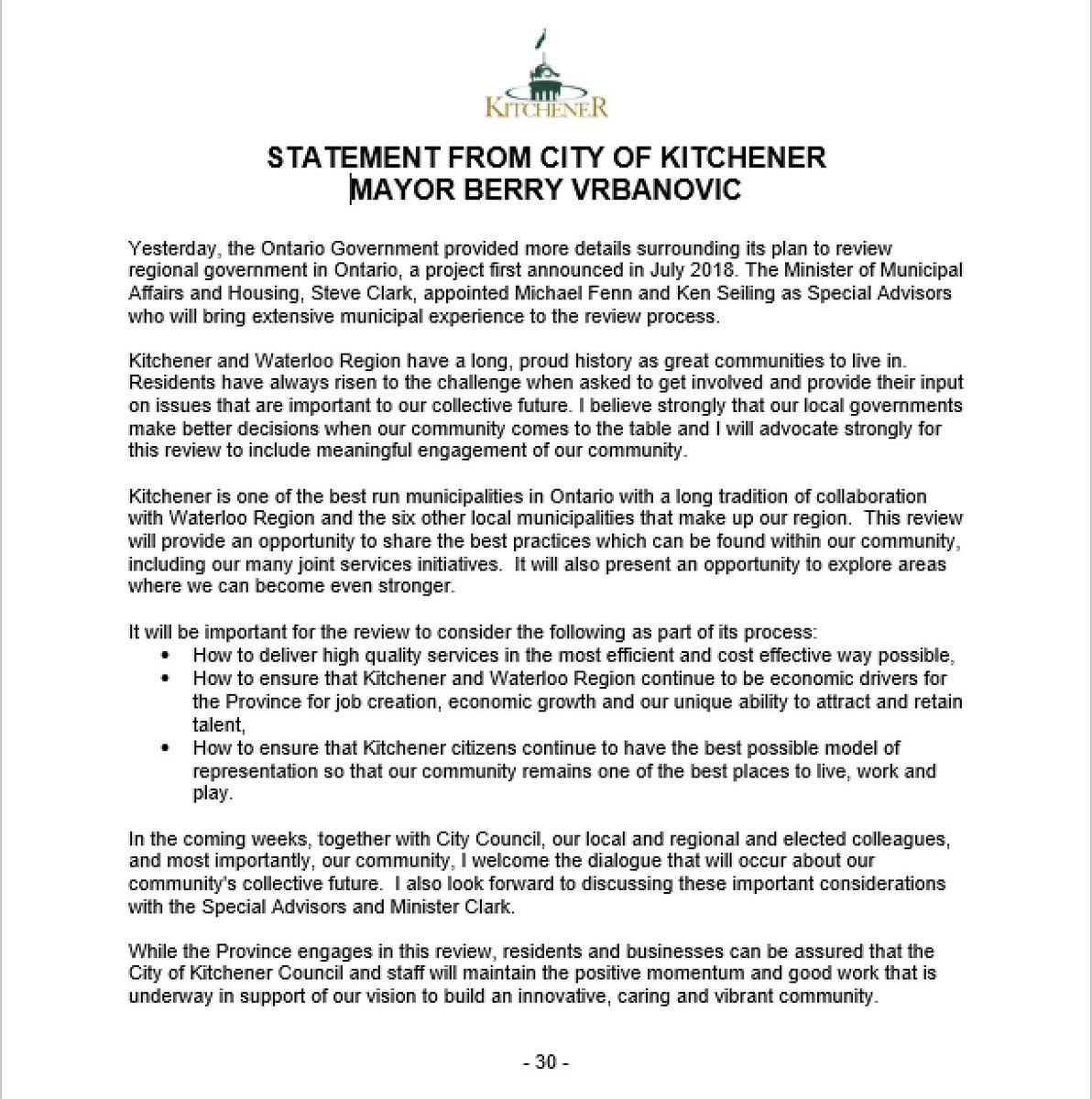 berryonline's tweet photo. Yesterday, the Province announced a review of eight regional governments including their lower tier municipalities, including the @CityKitchener and the @RegionWaterloo. Here is my statement in response to the launch of the review:  https://t.co/haaL7iFGUz https://t.co/xIVcY2Szfc