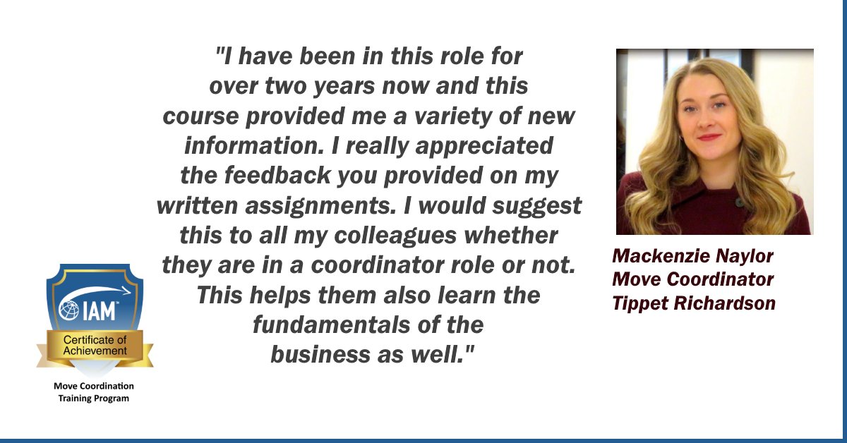 tippet1927's tweet photo. Congratulations Mackenzie for completing the IAM Move Coordinator training! Well done. 
#training #movecoordinator #learning #relocation https://t.co/s7KuOqogBi