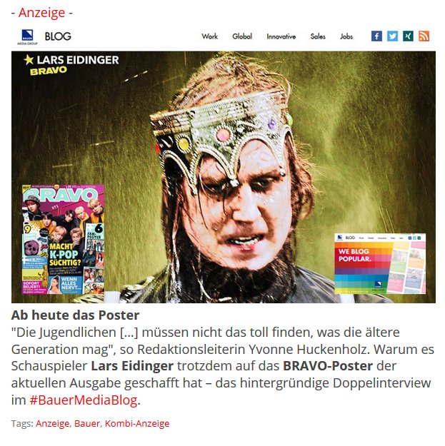 turi2's tweet photo. Anzeige: Yvonne Huckenholz und #LarsEidinger über sein Poster im aktuellen @bravomagazin. Im #BauerMediaBlog: https://t.co/5ZhIqfVW5l https://t.co/IxETgy48Ul