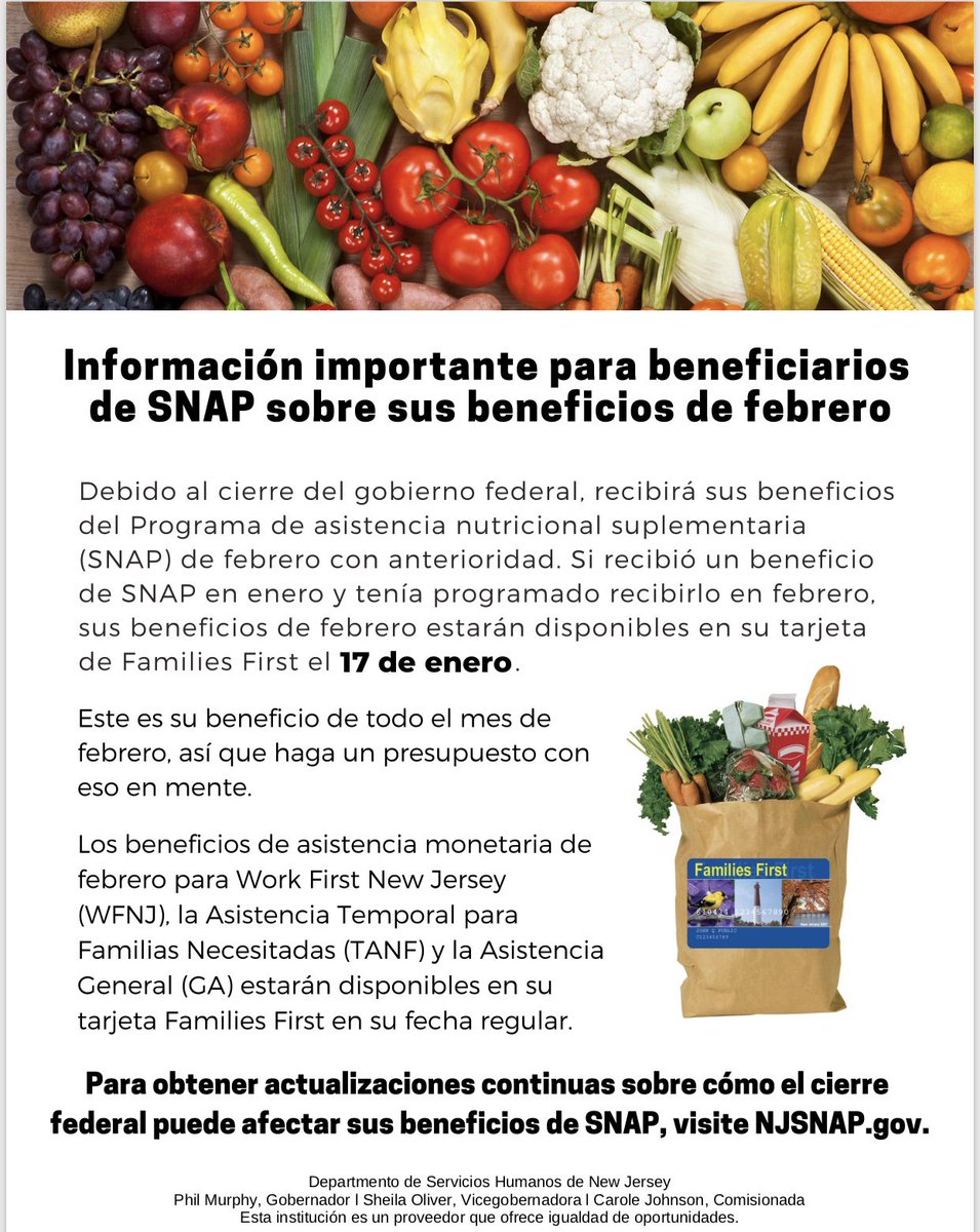 Spread the word - February's SNAP benefits are being paid early amid federal government shutdown.  With no further payments guaranteed, recipients should budget accordingly <a href="/NJ_League/">NJ_League</a> <a href="/NJASANews/">NJASA</a> <a href="/njsba/">NJSBA</a> <a href="/NJCommColleges/">NJ's Community Colleges</a> @njascu <a href="/NJSenDems/">NJ Senate Democrats</a> @senatenj <a href="/njassemblydems/">NJ Assembly Democrats</a> <a href="/NJAssemblyGOP/">NJ Assembly GOP</a>