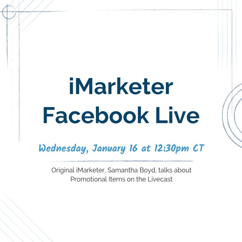 iMarketerLife's tweet photo. T-minus 4 hours and counting until another Livecast! Today's topic is all about Promotional Items… which items you need and which you can do without. Hop over at 12:30pm CENTRAL for another FB LIVE… bring your best (and worst!) promo item ideas! https://t.co/O7QtO3u3iJ https://t.co/bpXDvOib3K