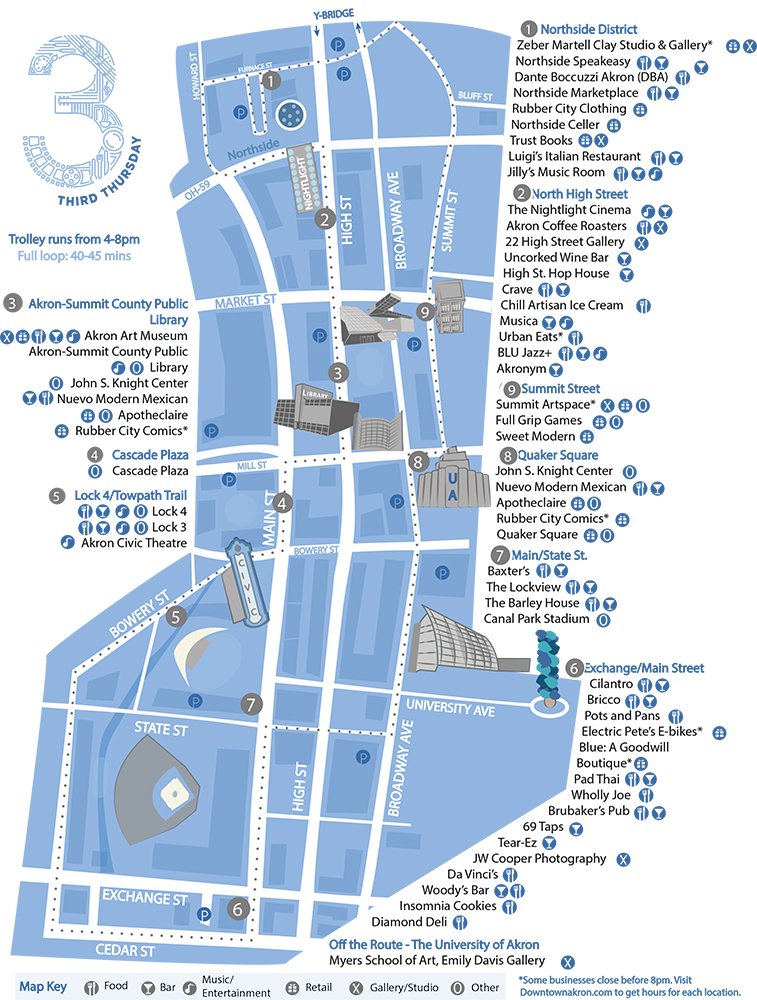 downtownakron's tweet photo. Tomorrow night is #3rdThursdayAkron in #downtownAkron. Plan a night out for dining, shopping, entertainment and art using our event map. A free trolley circulates the route to easy navigation. https://t.co/7fYngFDnte https://t.co/J7u4lrXSDc