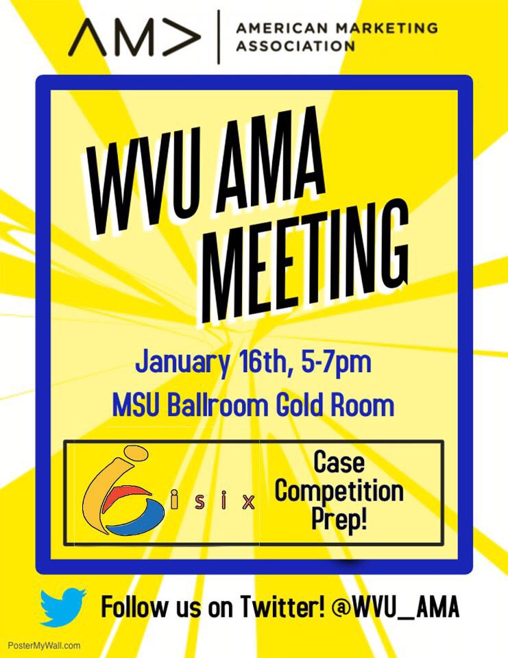 🚨First meeting of the semester TONIGHT!🚨

Tonight we’ll be talking about and preparing for our i6 case competition so you can win some major 💵. 

⏰ 6 pm
📍<a href="/Mountainlair/">Mountainlair</a> MSU Ballroom - Gold Room

For more info on the competition, visit ama.orgs.wvu.edu/events