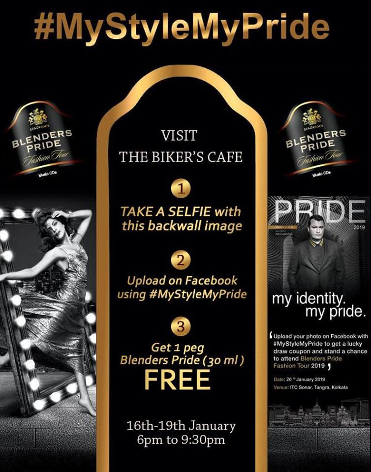 CafeBikers's tweet photo. Hit The Bikers Cafe between 16th to 19th January 6:00 pm to 9:30 pm onwards and get 30 ml of Blenders Pride free. Just take a selfie with the backwall and upload it on Facebook using #MyStyleMyPride
Call us 9674565455 or Visit us at https://t.co/IfHzeUa1Gt
#tbc #thebikerscafe https://t.co/AqD8ymHR3Y