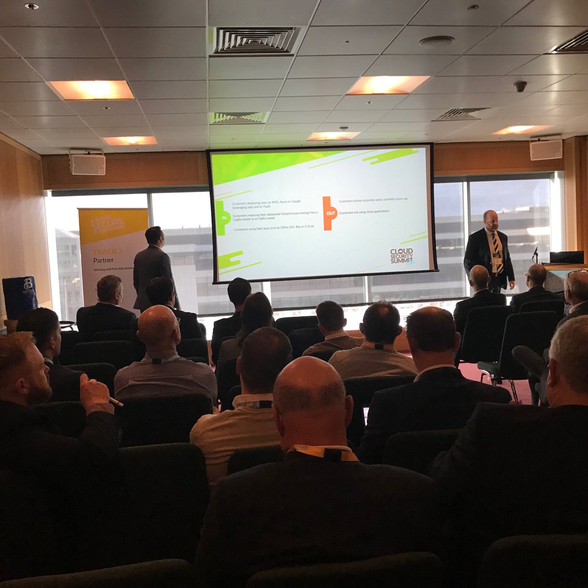 MAllenSuz's tweet photo. Great day with customers &amp; partners ⁦@PaloAltoNtwksUK⁩ @CSSIE Full house too with ⁦@matthomas74⁩ ⁦@SiWired⁩ talking all things cloud security with our ⁦⁦⁦@NextWavePartner⁩ in our Partner Track!! https://t.co/V369mtllZt