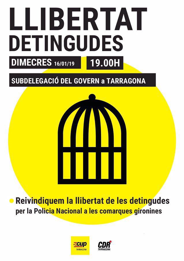 juristestgn's tweet image. Mostres de solidaritat amb els detinguts avui arreu de Catalunya. A Tarragona a les set de la tarda #drets #llibertats #seguim