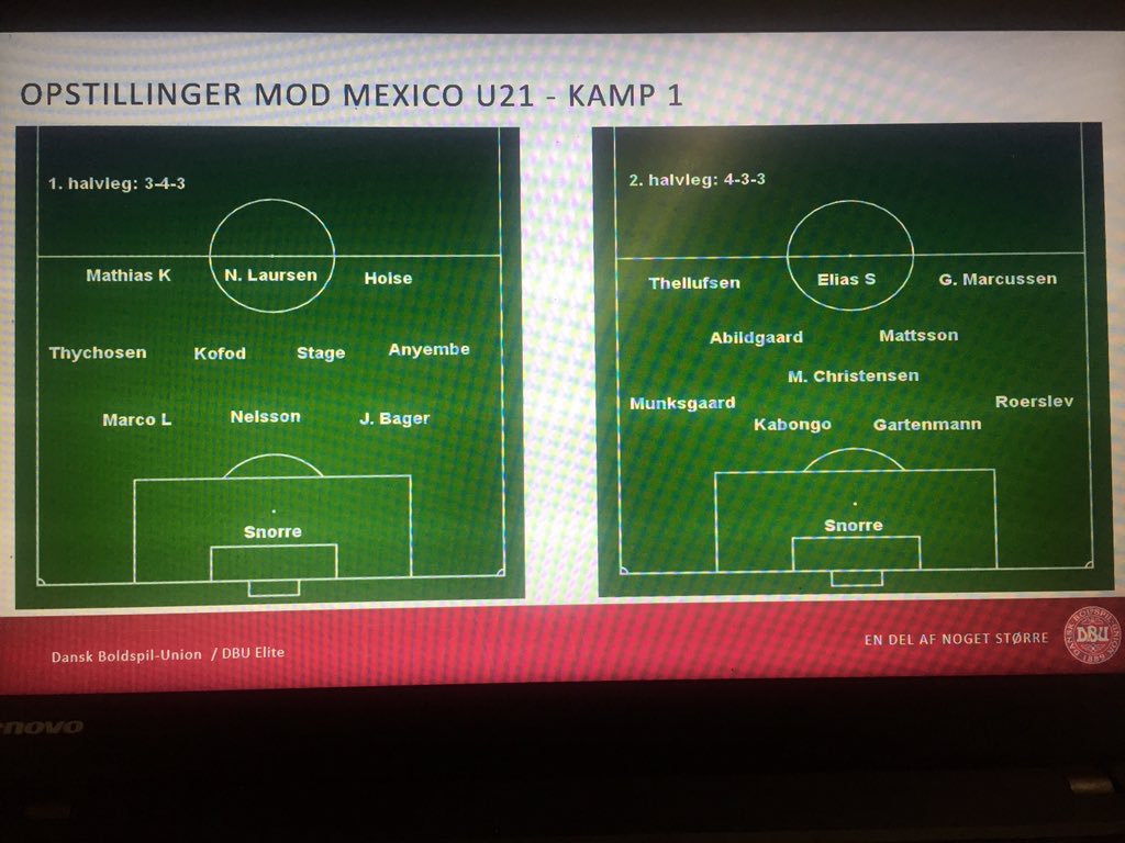 Kampstart mod Mexico U21 om 90 min. Mon træneren kunne finde på at spille 3-4-3 i første halvleg, lave 3-kæde udskiftning i pausen, sætte 10 nye spillere ind og spille 4-3-3 i anden halvleg?