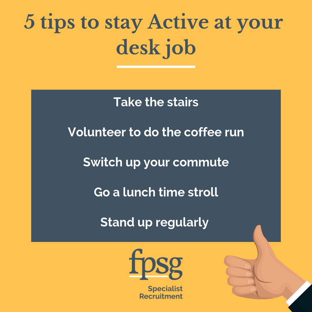 FPSGrecruitment's tweet photo. Feeling unfit at your desk? Follow our five great tips on improving your activity levels whilst working at a desk job! 💡 #ActiveWorkplaces #FPSGtips #ThingsThatAreBadForYourHealth #activeliving #BetterWorkingWorld https://t.co/jkNR5hhUOh