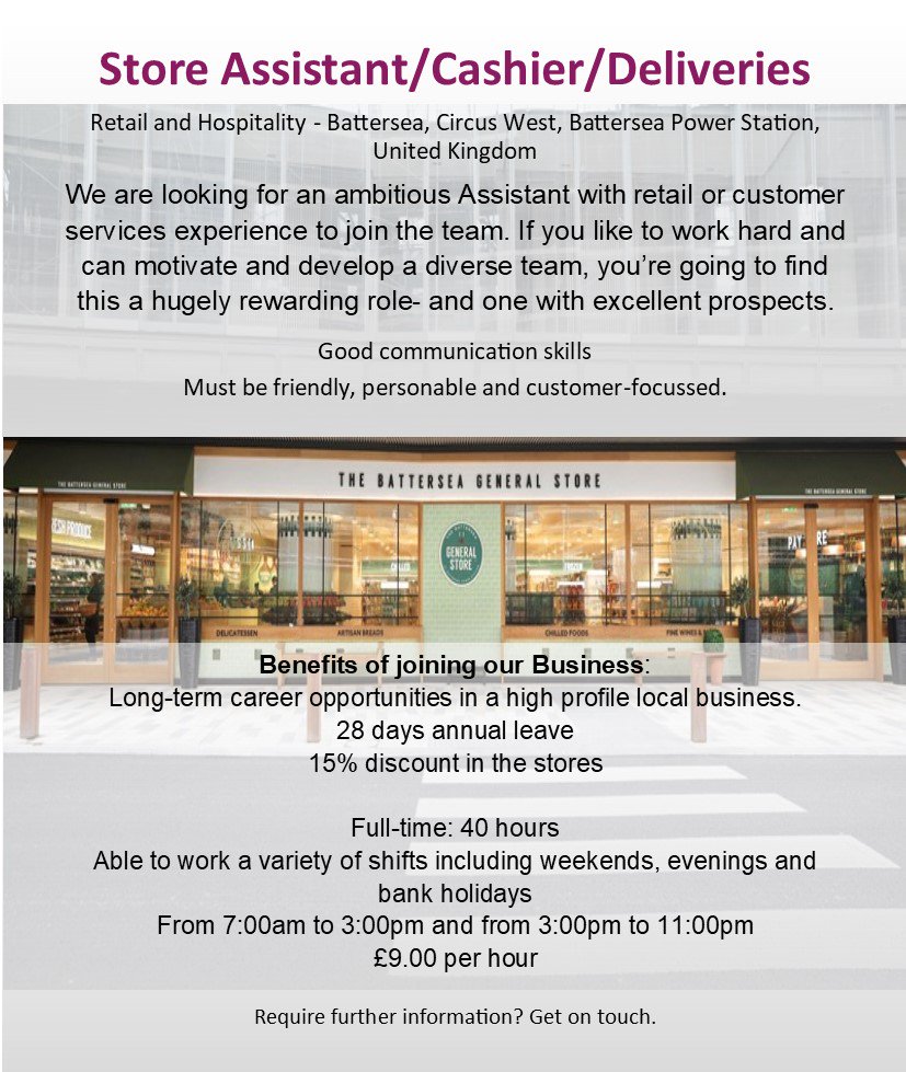 ThisIsBASE's tweet photo. JOB VACANCY: STORE ASSISTANT/CASHIER/DELIVERIES
https://t.co/Ji7PgVpdnX
#batterseapowerstation #thisisBASE #circuswestvillage
#customer services #Retail #storeassistant #cashier #deliveries https://t.co/wXZdXUth7N