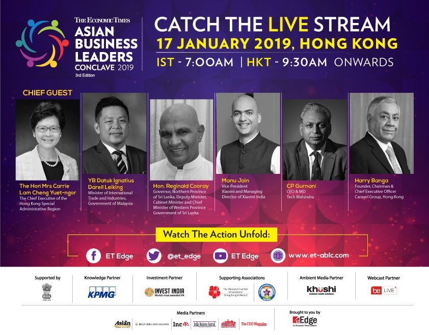 ET_Edge's tweet photo. #ETABLC | Government Leaders, Industry Doyens, Interactive Panel Discussions, Felicitations and a lot more.. Catch the live action from the 3rd Edition of The Economic Times Asian Business Leaders Conclave 2019 in Hong Kong exclusively on our digital platforms. #RethinkingAsia https://t.co/Exkegt018L
