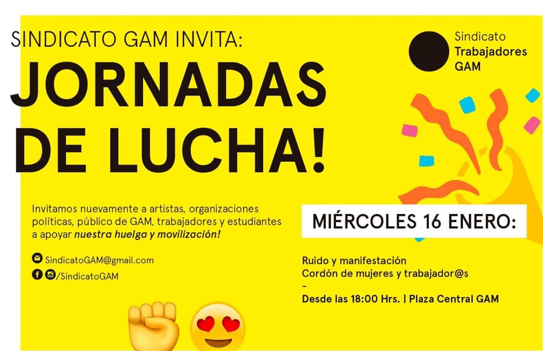 Coordinadora8m's tweet photo. Apoyamos al @sindicatogam y su reivindicación al derecho a huelga, bajo la consigna "Ninguna huelga es ilegal" La huelga de lxs trabajadorxs del GAM va, la Huelga Feminista también. Para apoyar invitamos a la Jornada de lucha hoy a las 18:00 hrs en el GAM ✊ #LaHuelgaFeministaVa https://t.co/n5f9iXVRuD
