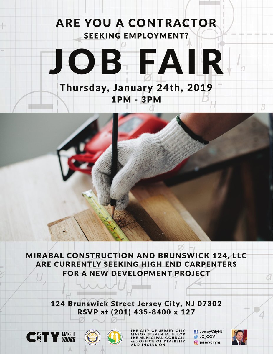 *CARPENTERS NEEDED* Mirabal Construction and Brunswick 124, LLC will be hosting a JOB FAIR for carpenters at 124 Brunswick Street Jersey City, NJ 07302 on Thursday, January 24, 2019 from 1PM-3PM #JobFair #ODI #WorkforceDiversity #JerseyCity