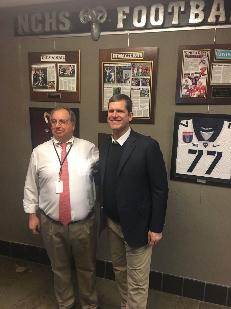 @CoachJim4UM here to visit our signed recruit. <a href="/UMichFootball/">Michigan Football</a> is so fortunate to have him. <a href="/NCHS_CT/">NCHS</a> is a special place in so many ways. Talent in the classroom and on the playing fields. <a href="/jackstewartnc74/">Jack Stewart</a> <a href="/oursweetjourney/">Terri Stewart</a> <a href="/ari_rothman/">Ari Rothman</a> proud to get a pic too. #ncpride