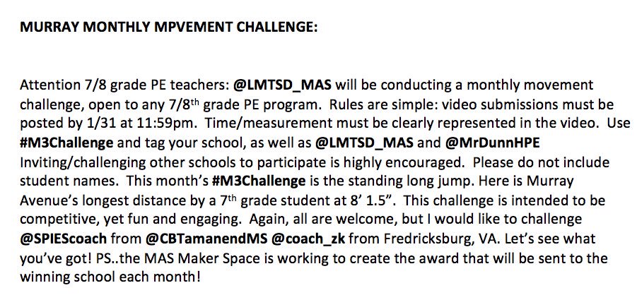 MrDunnHPE's tweet photo. #M3Challenge @LMTSD_MAS @SPIEScoach @CBTamanendMS @coach_zk @miss_hutch11 @KarenReeseHPE @lmtsdteacherPE #middleschoolPE #keepmovingforward #GoLoMo https://t.co/8JldAdNRRi