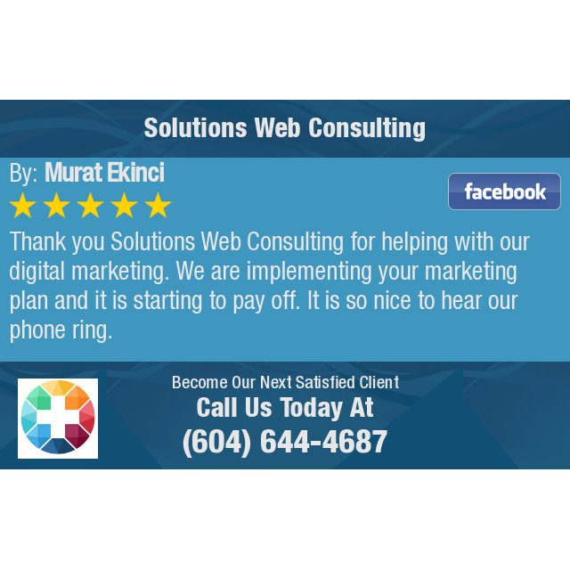 WebConsultantVA's tweet photo. 5 Star: Murat E. "Thank you Solutions Web Consulting for helping with our digital marketing. We are implementing..." https://t.co/hXhr8LoUnK https://t.co/Xcaopd8X2Y