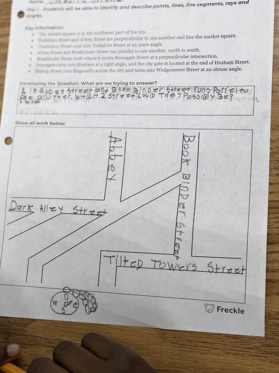 MsLybrand's tweet photo. Working on synergy this morning while using key information about lines to label a town map! Thanks for the lesson, @learnfreckle! #synergy #FreckleEducation https://t.co/P8kVndTQoz