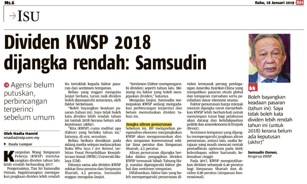 ahmadmaslan's tweet photo. Jika ditanya kpd @guanenglim kenapa dividen #KWSP 2018 dijangka rendah, mungkin dia jawab sbb faktor2 luaran.

Sebenarnya faktor2 dalaman yg banyak.  Kena akui kegagalan rejim #PH mengurus ekonomi dgn baik.

Tentu 13.91 juta ahli KWSP harap dividen yg baik utk simpanan hari tua. https://t.co/xnPuS9Jp4B