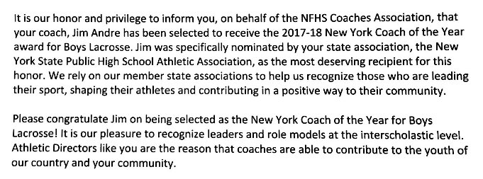 VictorBLDevils's tweet photo. The @NFHS_Org Coaches Association recently announced that @VictorSchools Coach Jim Andre was awarded the 2017-18 New York Coach of the Year for Boys Lacrosse!
Please join us in congratulating Coach Andre with this honor!
@NYSPHSAA @VictorLacrosse @SecVAthletics #VCSCultureWins https://t.co/M0vBI6gGfa