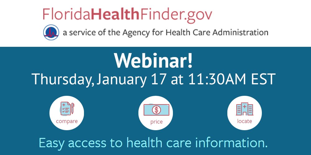 AHCA_FL's tweet photo. Join our webinar tomorrow at 11:30am to learn how Floridians can access health care pricing and quality information, along with the many other features of the https://t.co/oJLoFlry89 website. Register:  https://t.co/0wAAv1uwdx. #FHF #FHPF #FloridaHealthFinder #HealthCarePricing https://t.co/ciOfgGtOd9