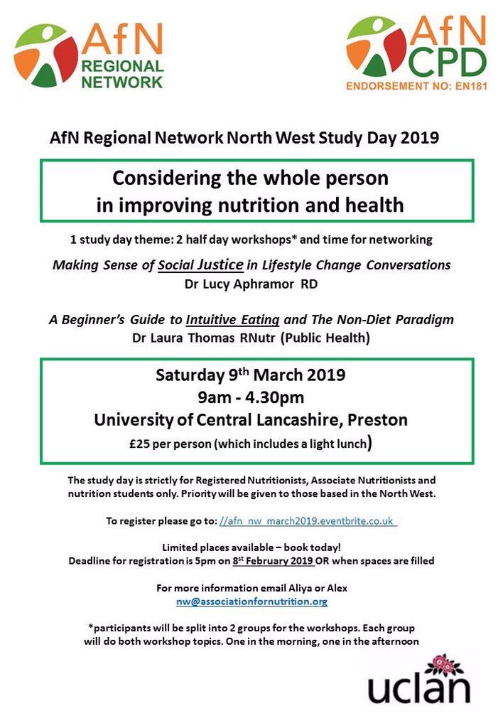 SohailMushtaq's tweet photo. Still student places left for the AfN study day at UCLAN in March. Certified AfN CPD as well as an excellent networking opportunity! @uocClinSciNutr @UoCNutritionSoc @AlexandraH0lt @AliyaPorter @IanGDavies @Selenium_Girl @F_Nutrtion_Hope @BuczkowskiB https://t.co/EJudQH6dKb