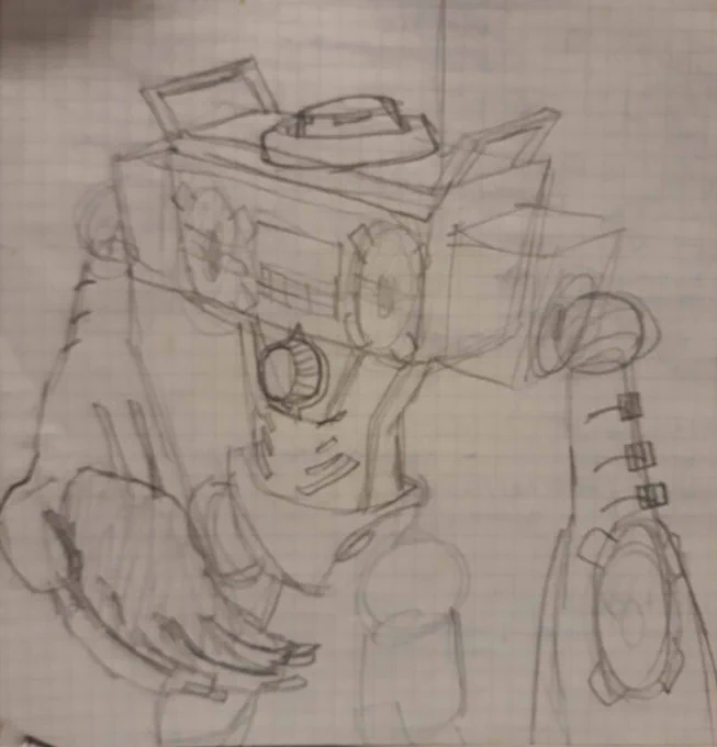 So I started to draw boombox robots, experimenting with shapes. He still had a head on top of the chest at this point, but the audio jacks on his fingers were there early on. 