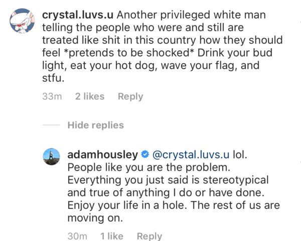 Exhibit C: That time Adam Housley took it upon himself to chastise Black people for not celebrating 4th of July. Again, not a peep from Tamera Mowry. This man is truly deplorable and I can't wait for the day Twitter makes Tamera answer for this sh*t.